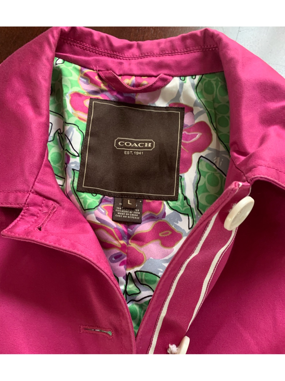 COACH Women's Hot Pink Button-Front Trench Coat Floral Lining Size Large